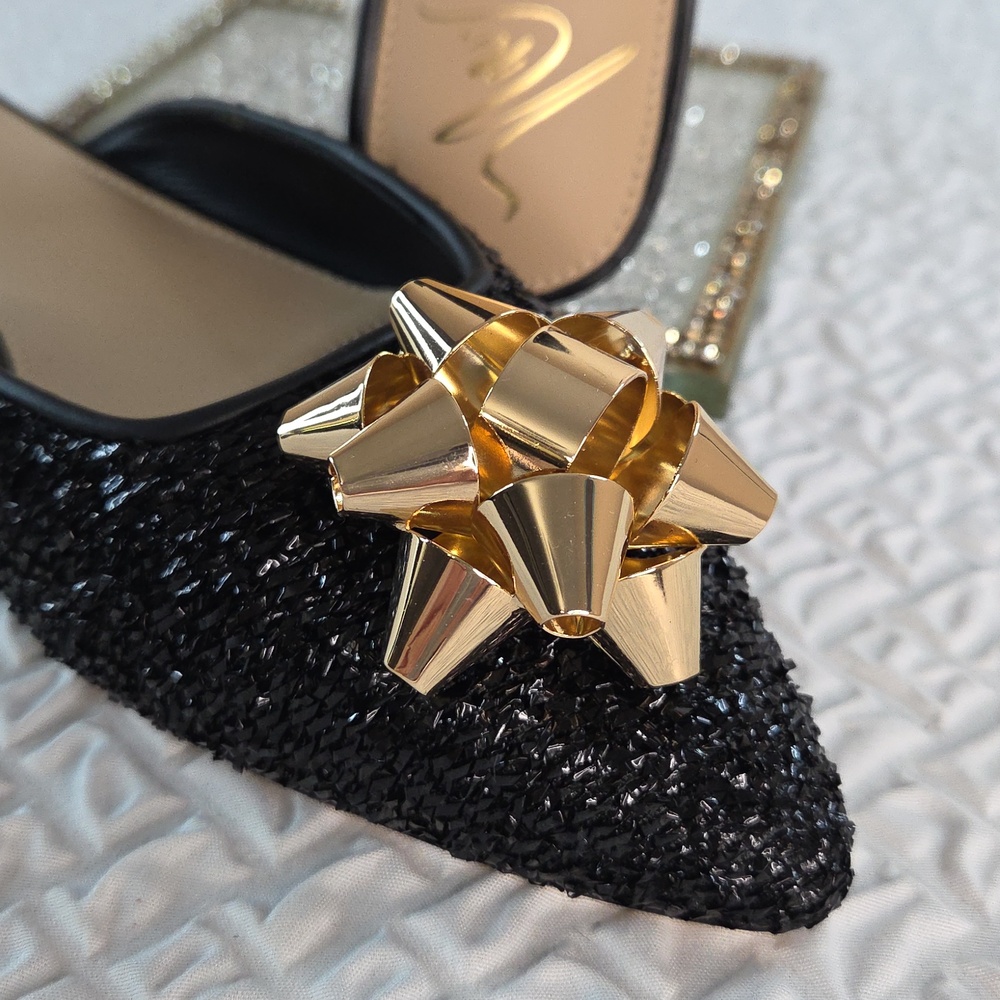 ANTONIO MELANI Nat Note Pointed Mule Flatwith Gold METALLIC NON BENDING Bow 7.5M